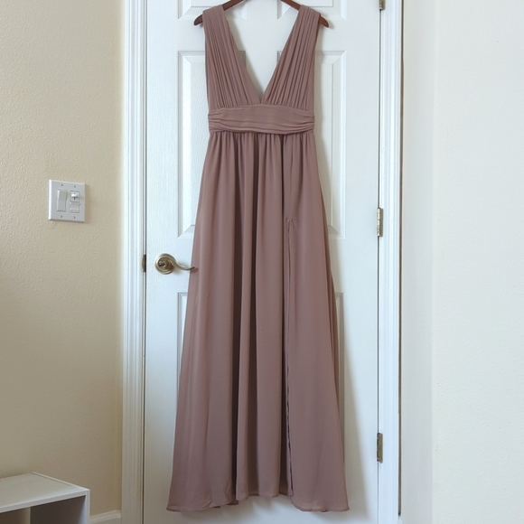 Lulus Heavenly Hues Sleeveless Plunging V-Neck High Slit A-Line Maxi Dress Taupe - Picture 1 of 16